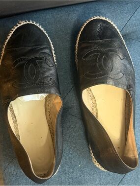 CHANEL Black Leather Espadrille Slip-Ons with CC Motif